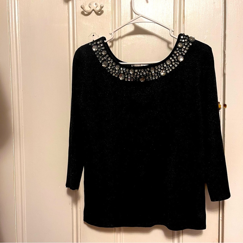 Joseph A Women Sweater L Black Solid Embellished Knit Pullover